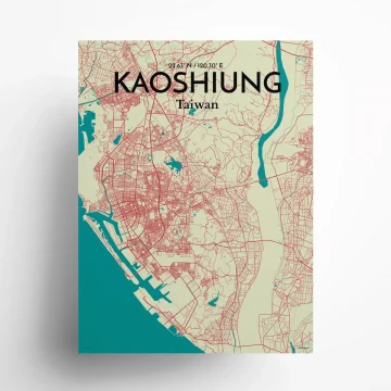 Kaoshiung city map poster in Tricolor of size 18" x 24"