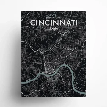 Cincinnati city map poster in Midnight of size 18" x 24"